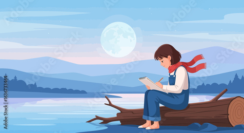 Illustration of a young artist sketching nature by a serene lake under moonlight