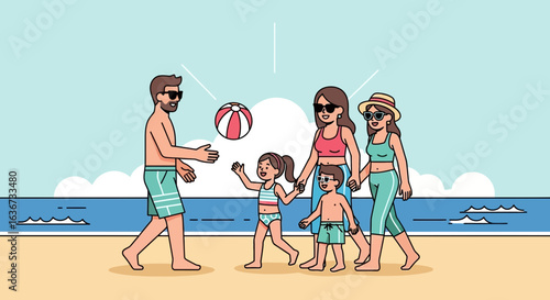 Happy Family Playing Beach Ball On Summer Vacation Holiday Together