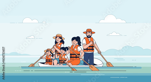 Happy family rowing in a boat on a sunny day enjoying a peaceful activity outdoors