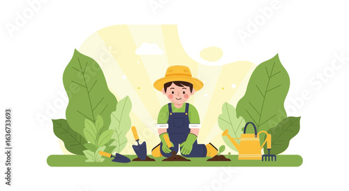Illustration of a young gardener planting seedlings in a lush garden with sunlight