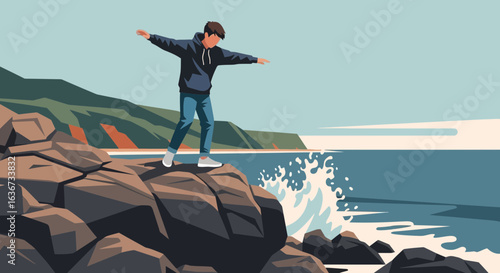 Illustration of a young man balancing on coastal rocks near a turbulent sea