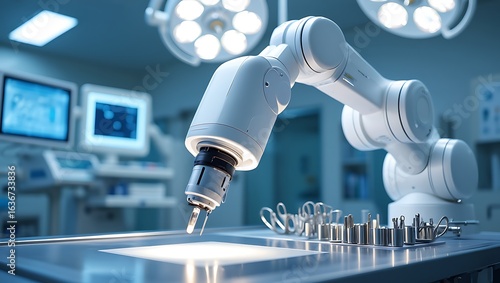 A white surgical robotic arm performs a precise operation on a table in a bright, modern operating room.