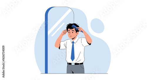Illustration of a young professional man getting ready in front of the mirror