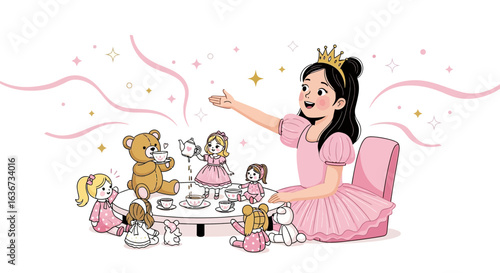 Illustration of a young princess hosting a tea party with her toys and dolls
