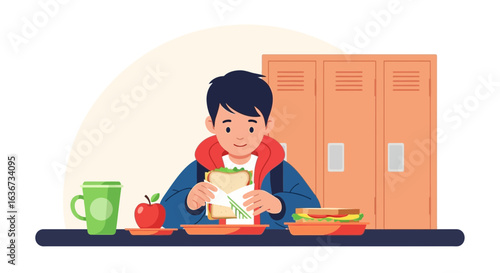Illustration of a young student having lunch at school with lockers behind him showing he is in high school or college