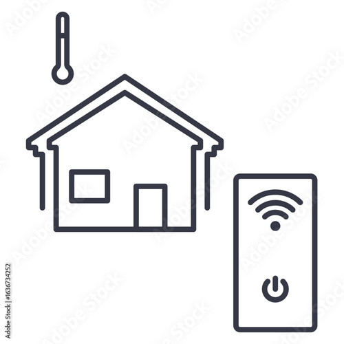 Smart Thermostat and Home Automation Line Icon. A minimalist line icon depicting a smart thermostat, a house, and a thermometer. 
