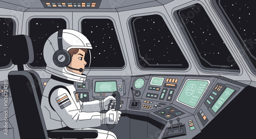 Illustration of an astronaut piloting a spaceship through the starry cosmos for scientific exploration