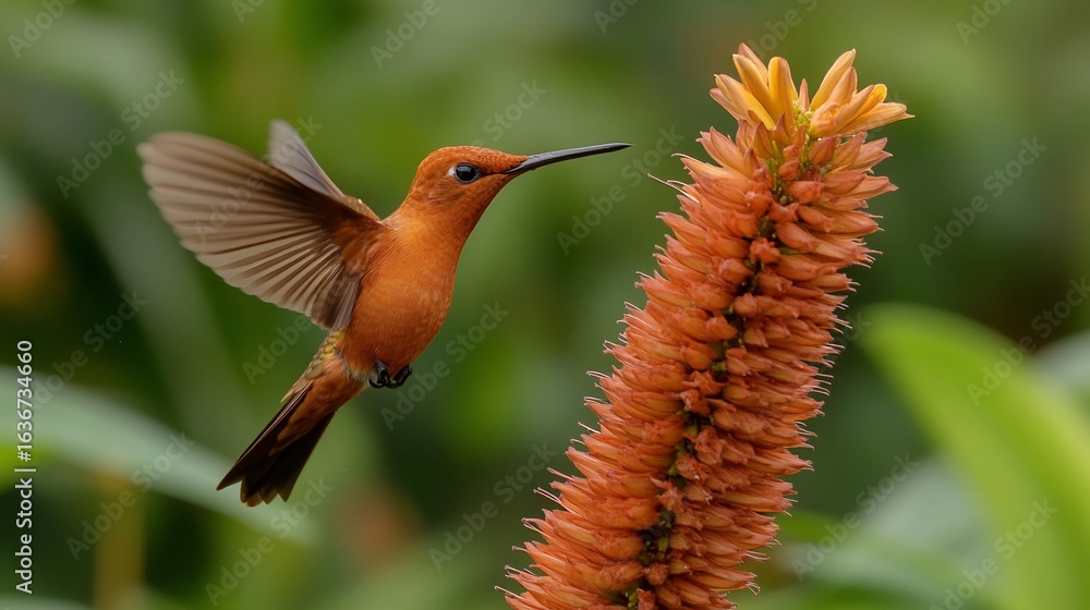 Fototapeta premium Hummingbird hovering near flower, seeking nectar at lush, green garden habitat