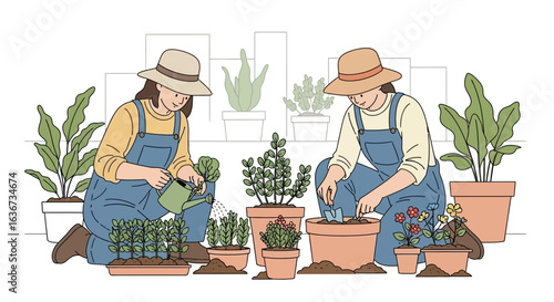 Happy Women Enjoying Gardening Cultivating Potted Plants As a Relaxing Hobby