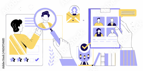 Recruitment process illustration with candidate selection and evaluation