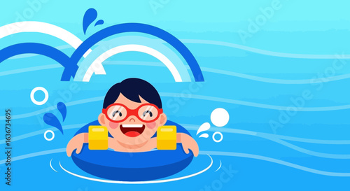 Happy Young Boy Swimming in Pool Cartoon Vector Illustration Summer Vacation