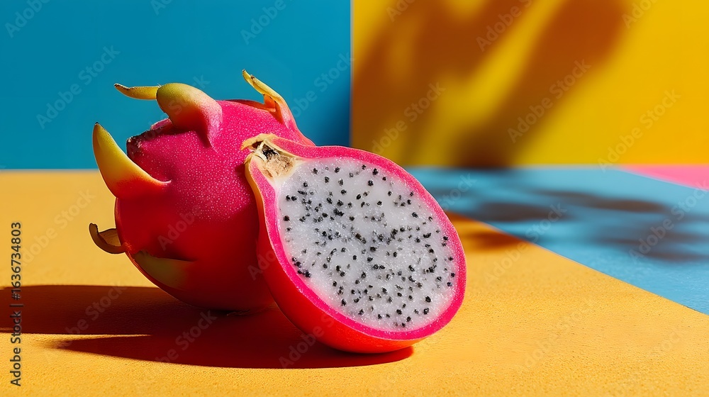 Fototapeta premium Minimalist still life with half cut dragon fruit on vibrant background