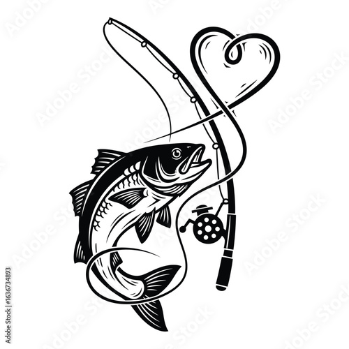 Vector art of fishing rod and fish forming a heart shape isolated on white background