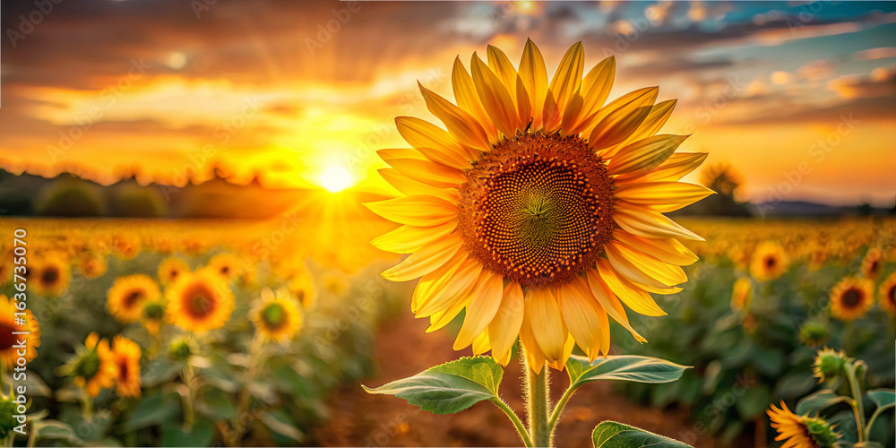 Obraz premium Golden sunflowers stand tall in a vast field, basking in the warm glow of the setting sun. The sky is painted with hues of orange and purple, creating a tranquil atmosphere