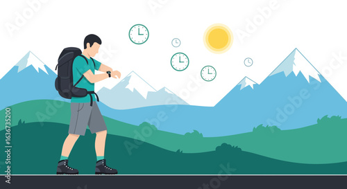 Hiker Checking Time in Mountainous Landscape During Sunny Day Illustration