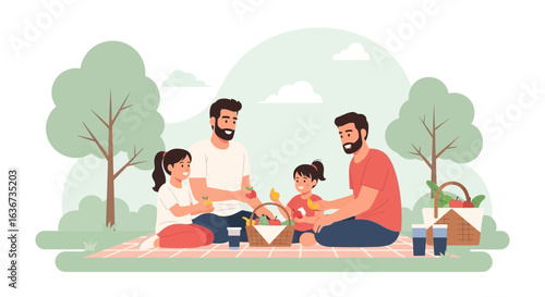 Illustration of two families enjoying a picnic in a park, conveying love and togetherness in nature creating lasting memories