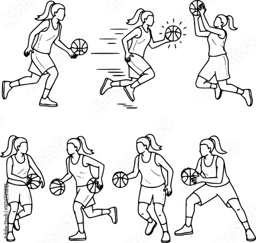 basketball players vector A collection of black and white line art illustrations showing a female basketball player in various playing poses. The set includes dribbling, running with the ball, jumping