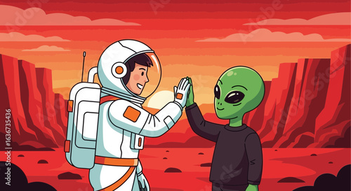 Human And Alien Give A High Five On A Red Planet Landscape Illustration