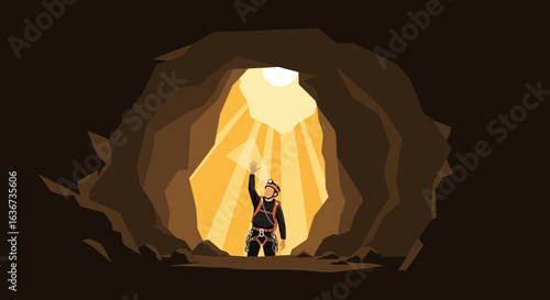 Illustrated spelunker reaching for light in a cave symbolizes exploration and hope with adventure in nature and finding light