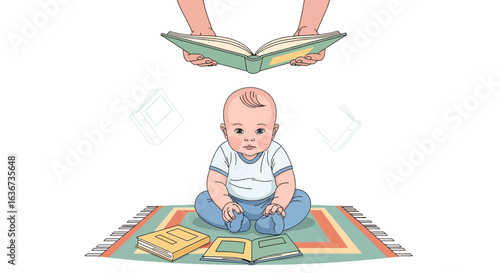 Illustration depicting a baby reading books on a carpet with gentle guidance from above promoting early literacy and cognitive development