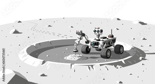 Illustrative depiction of a futuristic Mars rover examining a lunar crater surface