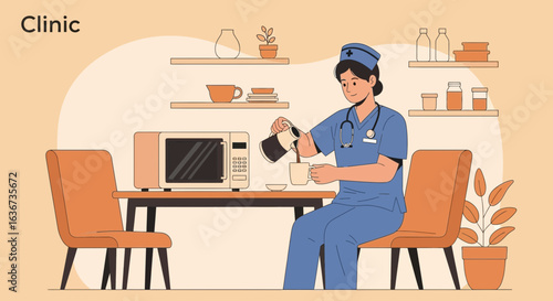 Illustrative depiction of a nurse enjoying coffee in a clinic break room setting with furniture