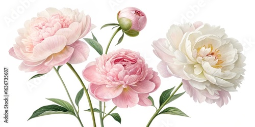 Pink and White Peony Floral Watercolor Painting, Botanical Illustration, Flower Art Peonies, Watercolor