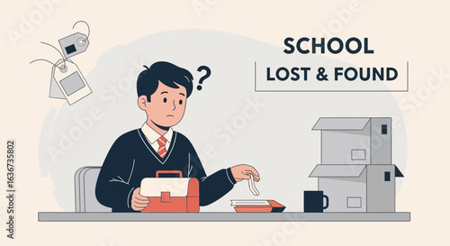 Illustration depicting a student at the School Lost and Found with his belongings