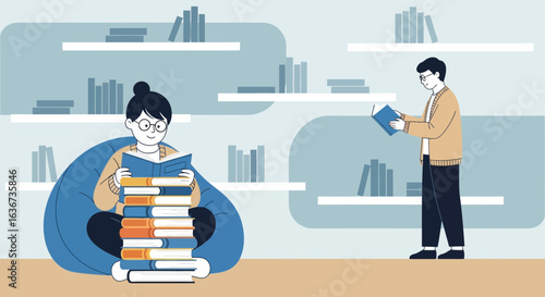 Illustrative Depiction of Reading Enthusiasts Enjoying Books in a Library Environment