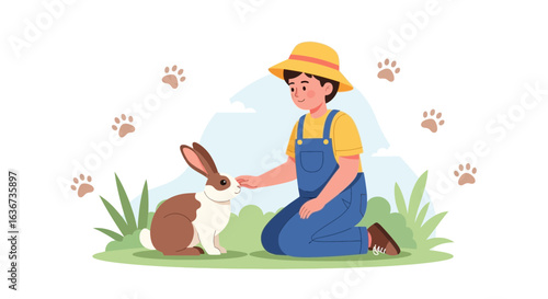 Illustration depicting a young farmer gently petting a rabbit outdoors in a peaceful setting