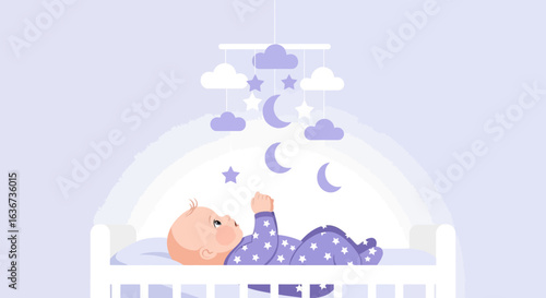 Illustration of a baby in a crib looking at a mobile with stars and moons design