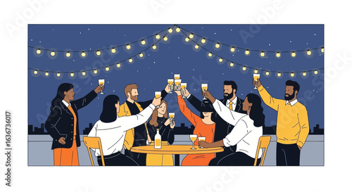 Illustrative People Celebrating on a Rooftop Terrace with Sparkling String Lights