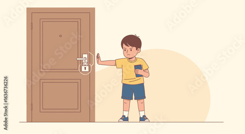 Illustration of a boy preventing entry into a locked door with a smartphone in hand expressing refusal and privacy concerns