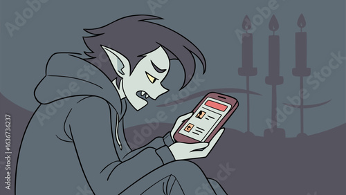 A frustrated vampire teen in a hoodie stares at their phone screen illuminated by the dim glow of three candles in a dark moody setting