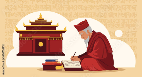 Illustrative Tibetan Scholar Writes Ancient Manuscript Next to Traditional Temple