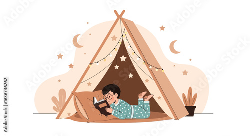 Illustration of a boy reading a book inside a teepee tent at night with stars and moons, suitable for bedtime stories and children's books