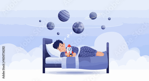 Illustration of a boy sleeping and dreaming about space and planets in his room