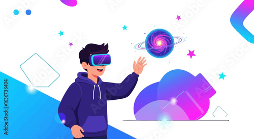Illustration of a boy wearing a VR headset exploring a virtual world with stars and a planet
