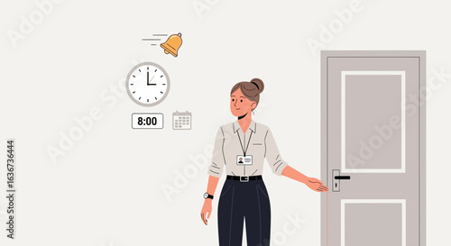 Illustration Of A Businesswoman Arriving At The Office Promptly At Eight O'clock