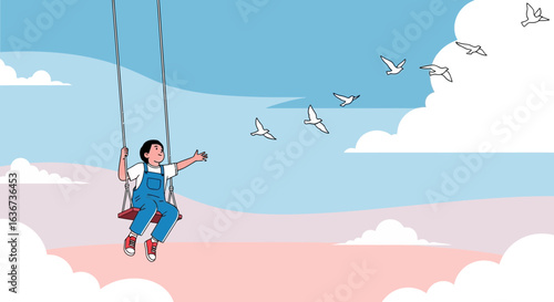 Illustration of a carefree child on a swing reaching for freedom and flying birds