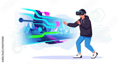 Immersive Virtual Reality Experience with a User Interacting with Digital Interface