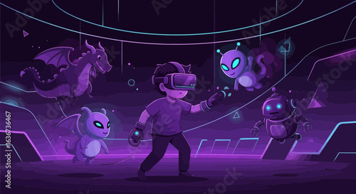 Immersive virtual reality gaming experience with fantasy creatures and a young boy