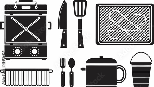 Illustration of kitchenware and cooking equipment including grill, utensils, pot, and cutting board silhouette