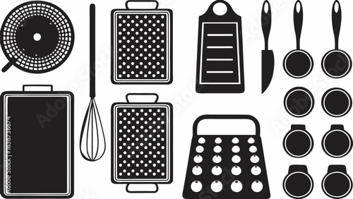 Illustration of kitchen utensils including graters, cutting boards, whisks, and cooking spoons in black and white silhouette
