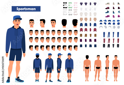 Cartoon 2d man character constructor sets for full body and head rigging design vector causal man