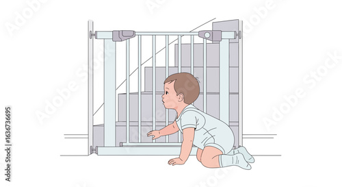 Infant Exploration At Staircase Barrier With Protective Baby Proofing Gate Installed
