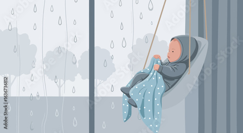 Infant's Gaze Melancholy Weather In Hammock Indoor Scene Vector Illustration