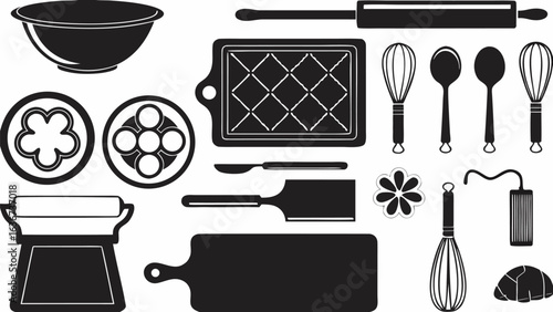 Illustration of various baking tools and equipment including bowls whisks and rolling pins arranged neatly silhouette