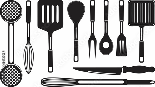 A selection of kitchen utensils including spatulas whisk skimmer spoon and knife arranged neatly in a row silhouette