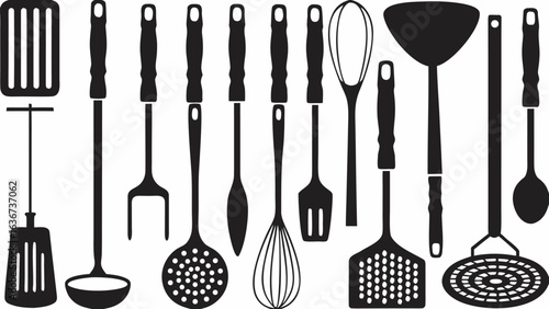 Illustration of various kitchen utensils including spatulas spoons and whisks arranged in a row format silhouette